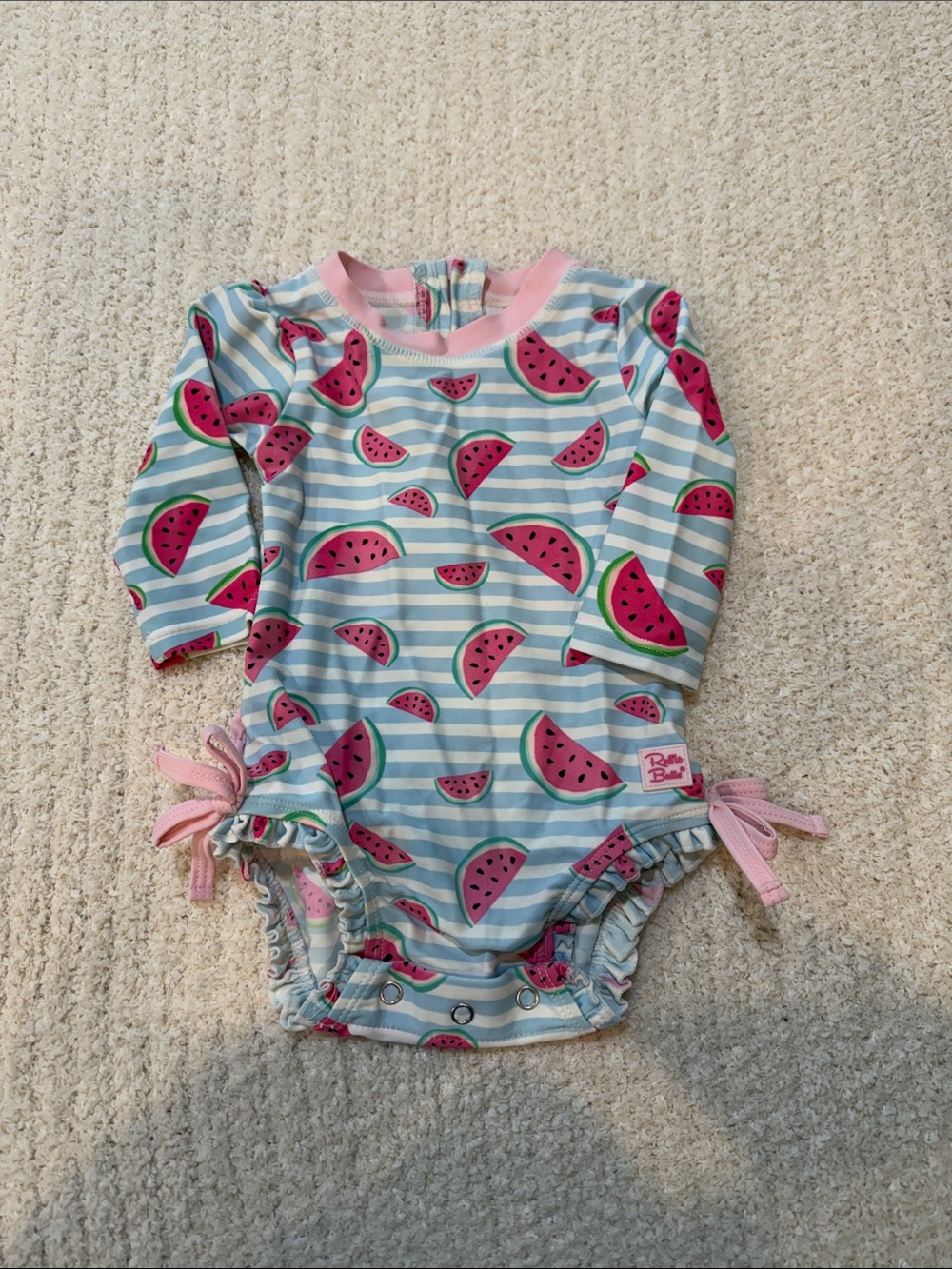 Ruffle Butts Pink Watermelon Blue Stripe One-Piece Swimsuit